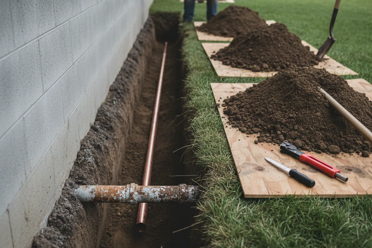 Excavated water line trench during Water Softener Installation in Lewistown